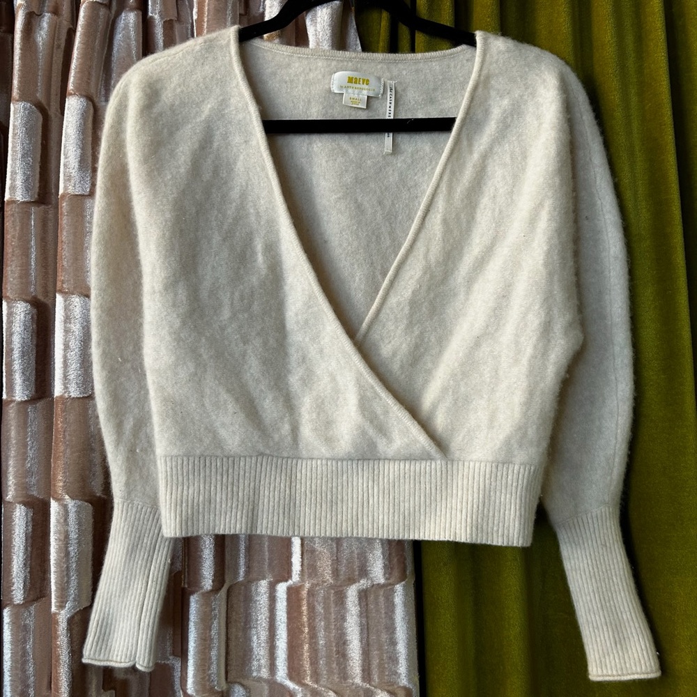 Maeve Anthropologie Cashmere Cream Faux Wrap Sweater S